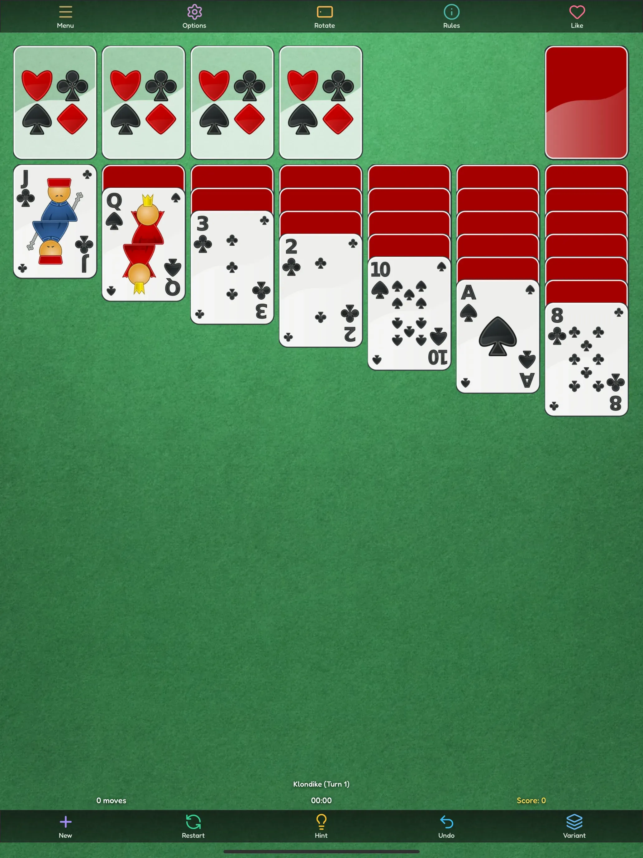 Klondike Solitaire on iPad Pro - seven tableau columns and four foundation piles on a green felt table