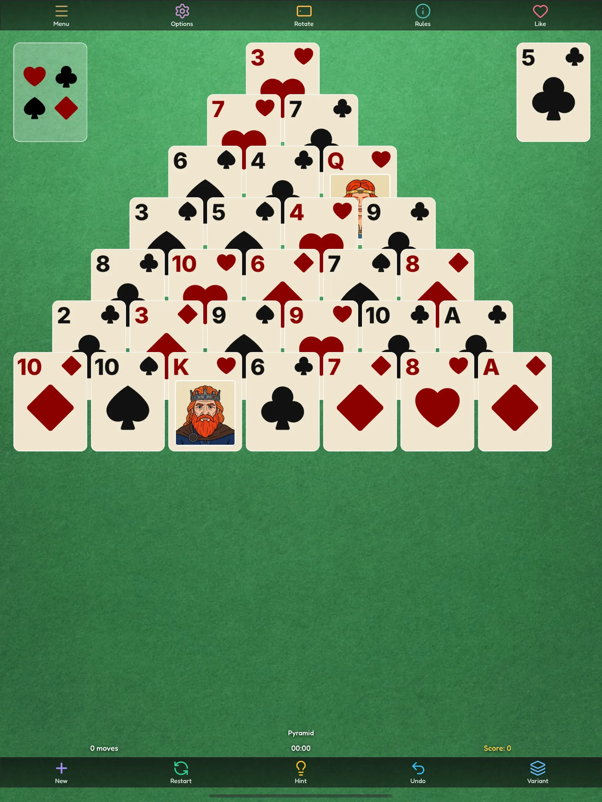 Pyramid Solitaire on iPad Pro - full seven-row pyramid of cards