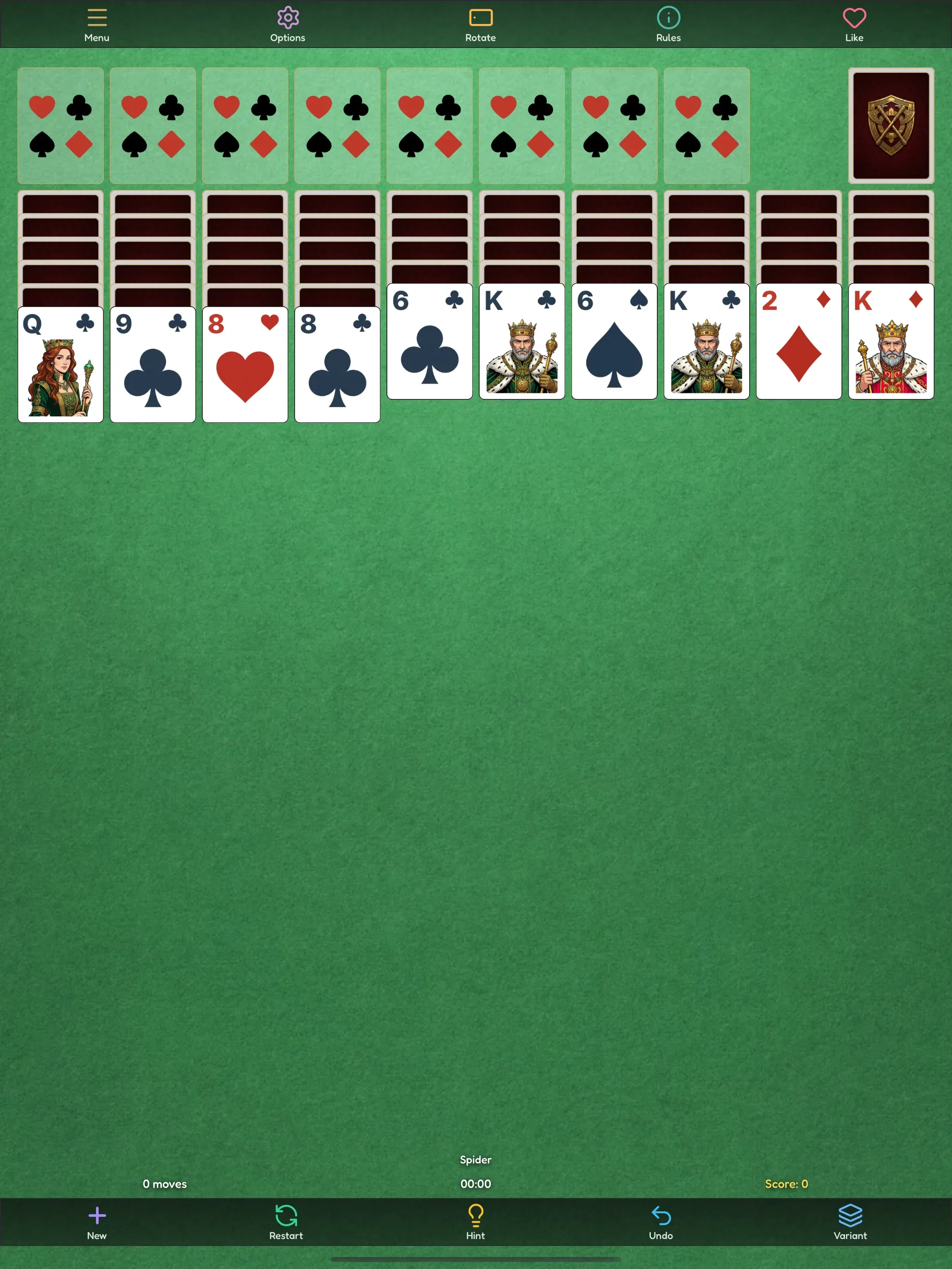 Spider Solitaire on iPad Pro - ten tableau columns laid out in landscape-style portrait view