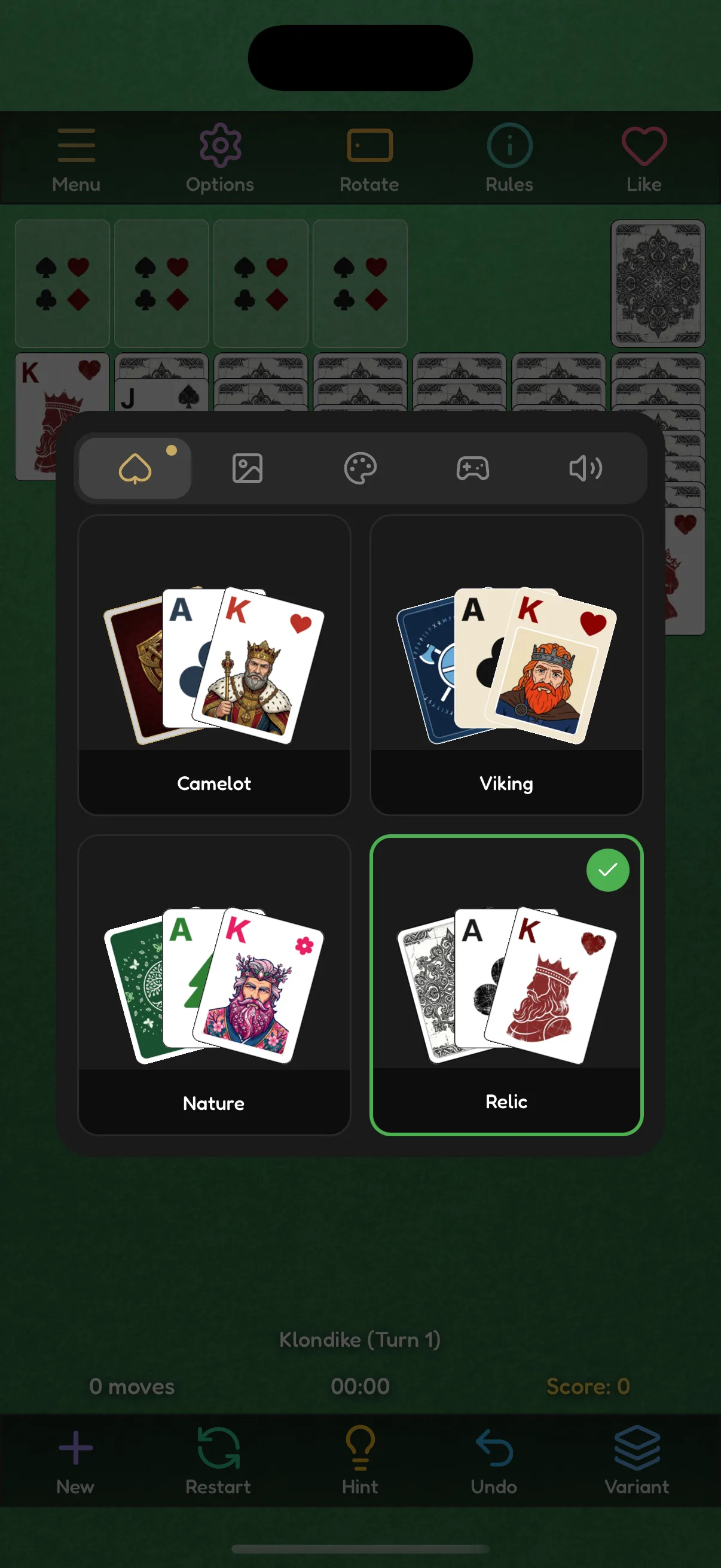 Card deck selector showing Camelot, Viking, Nature and Relic deck designs