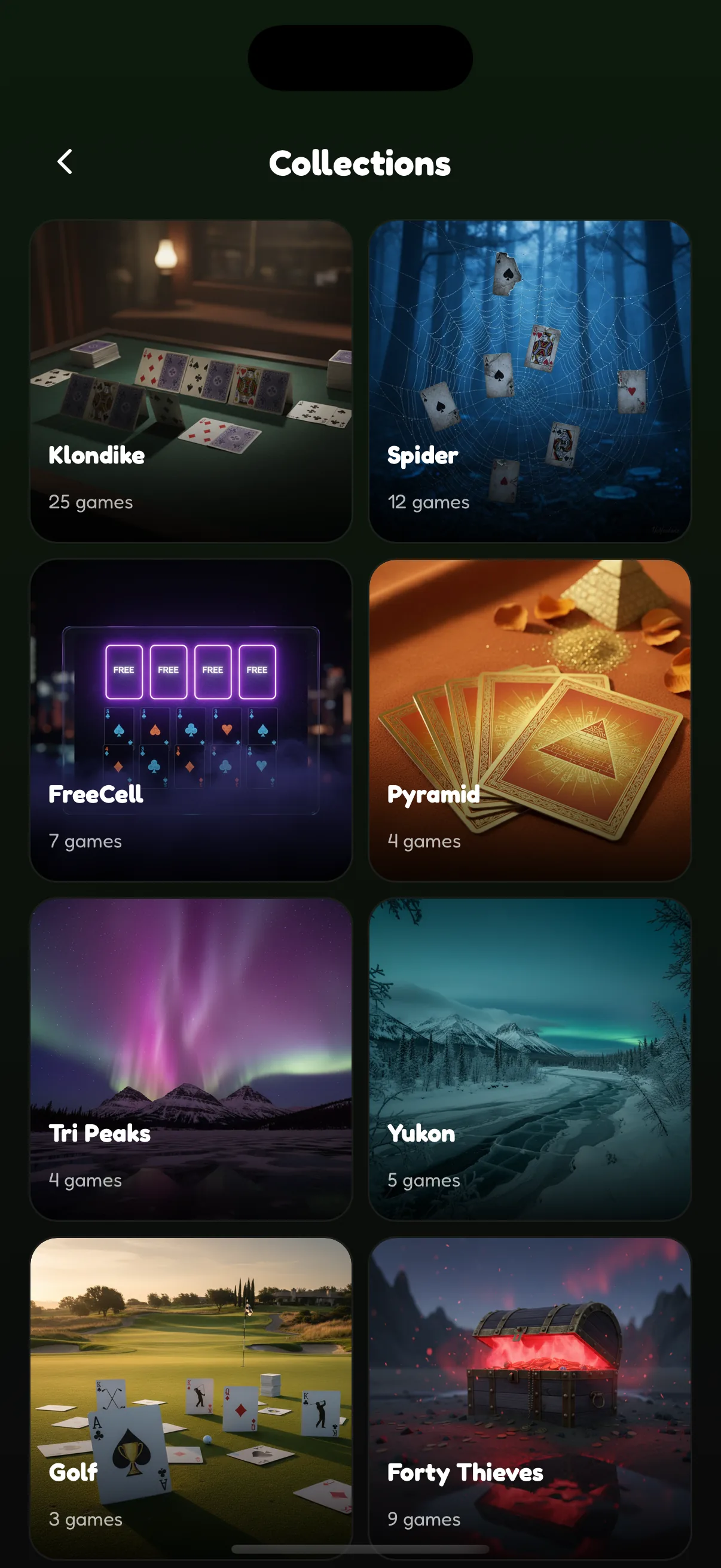 All solitaire collections - Klondike, Spider, FreeCell, Pyramid, Tri Peaks, Yukon, Golf, Forty Thieves