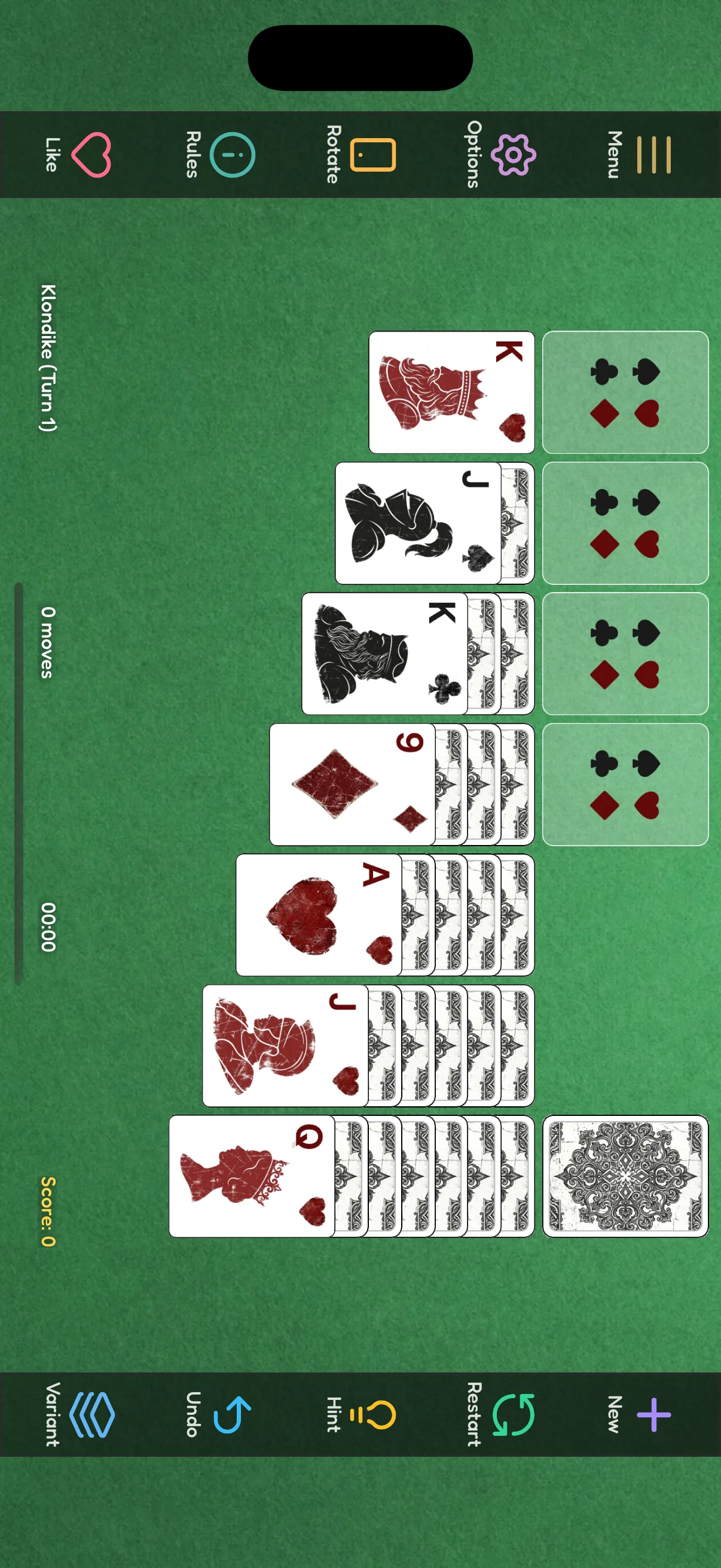 Klondike Solitaire in landscape mode on iPhone, showing seven tableau columns