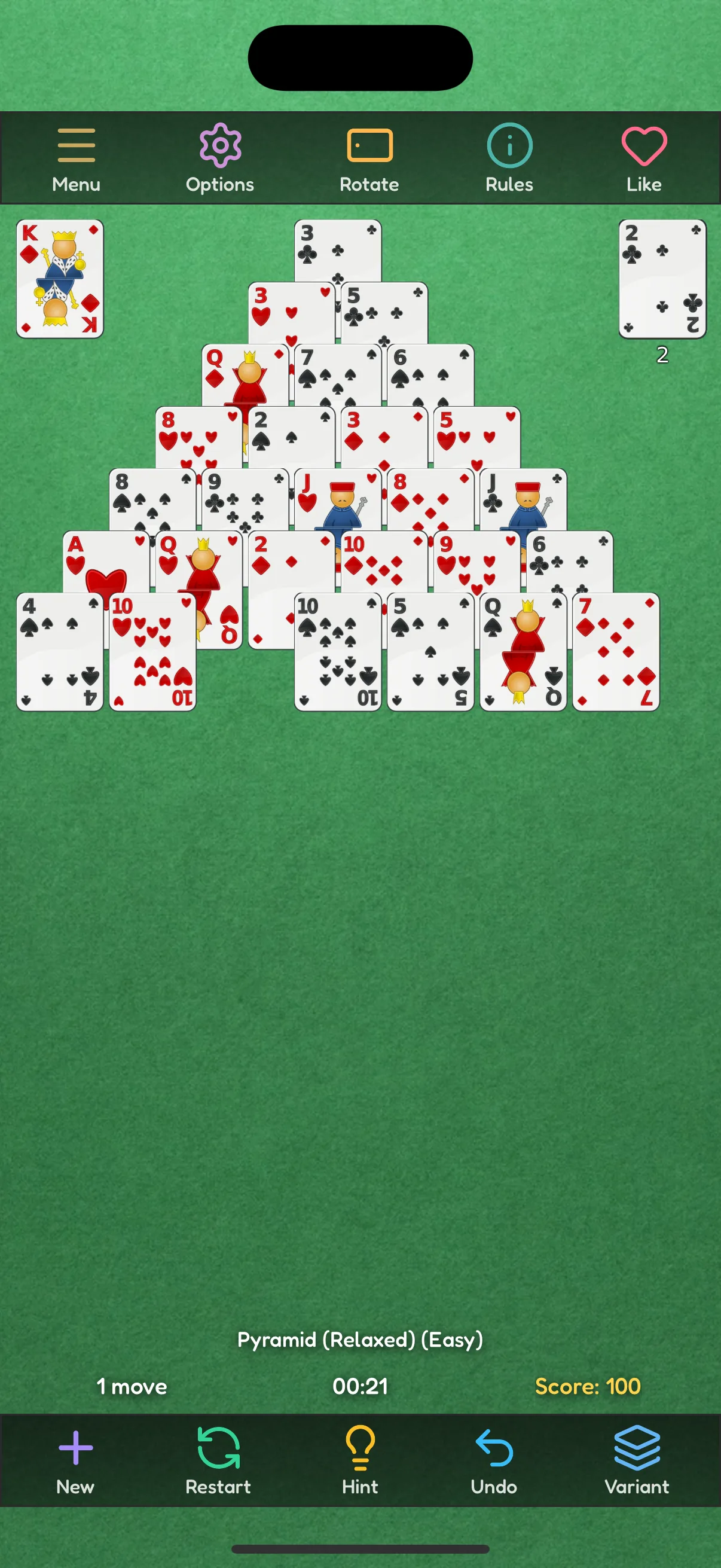 Pyramid Solitaire gameplay on iPhone - pyramid of cards on a green felt table