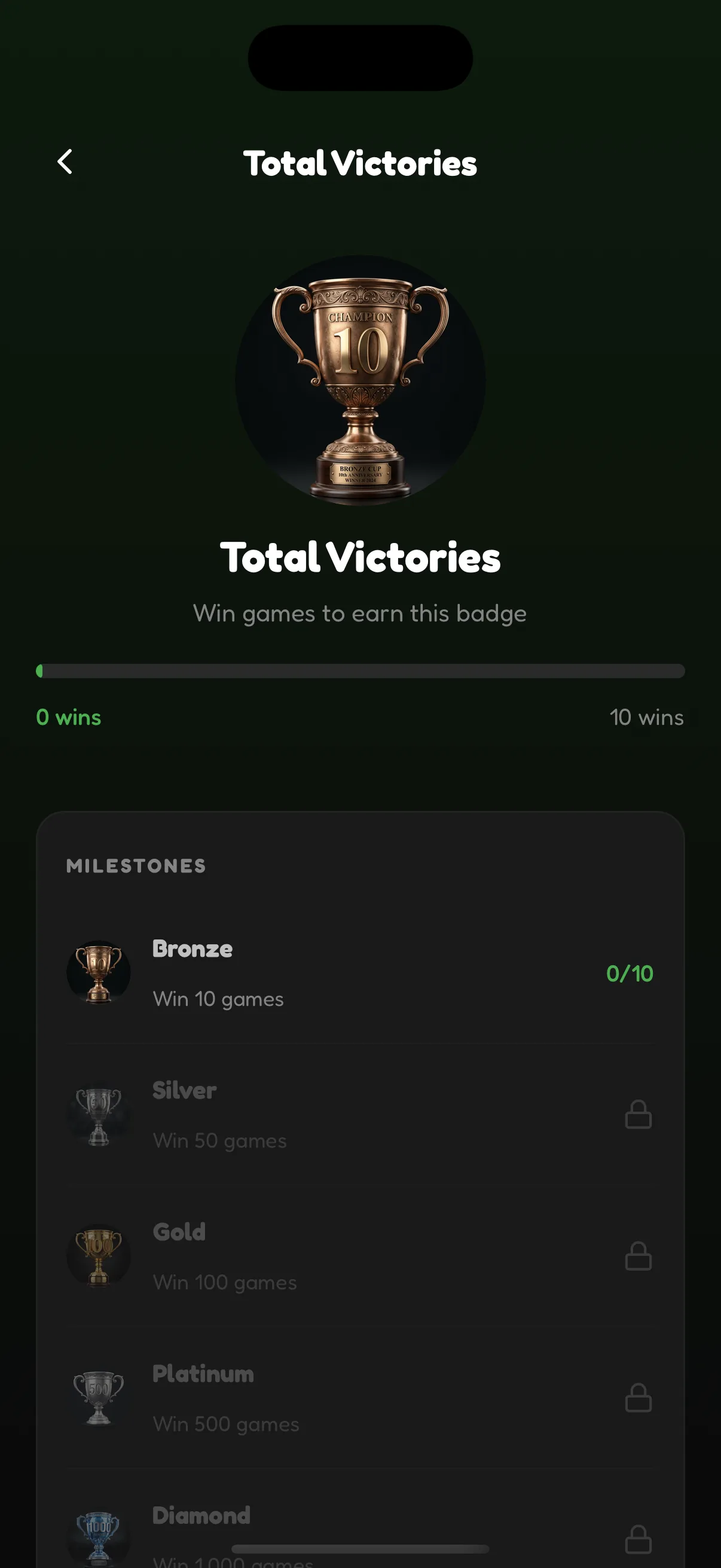 Total Victories milestone screen with bronze, silver, gold, platinum and diamond ranks