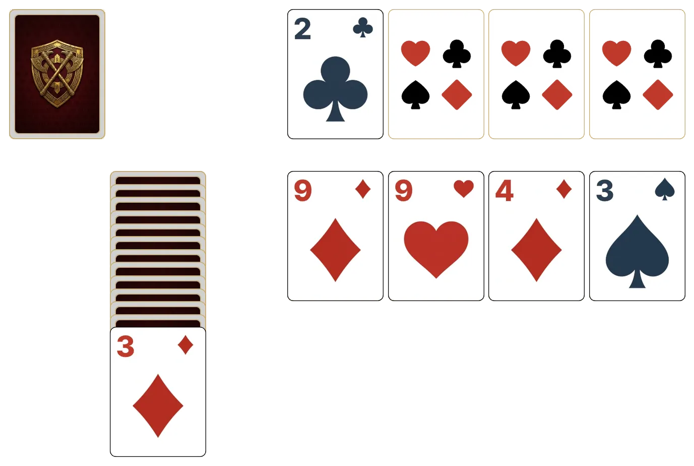 Canfield (Relaxed) solitaire - opening position of the walkthrough