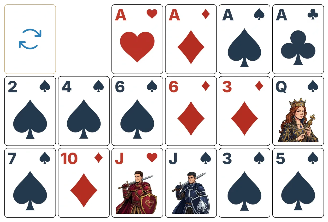 Cruel (Traditional Redeal) solitaire - opening position of the walkthrough