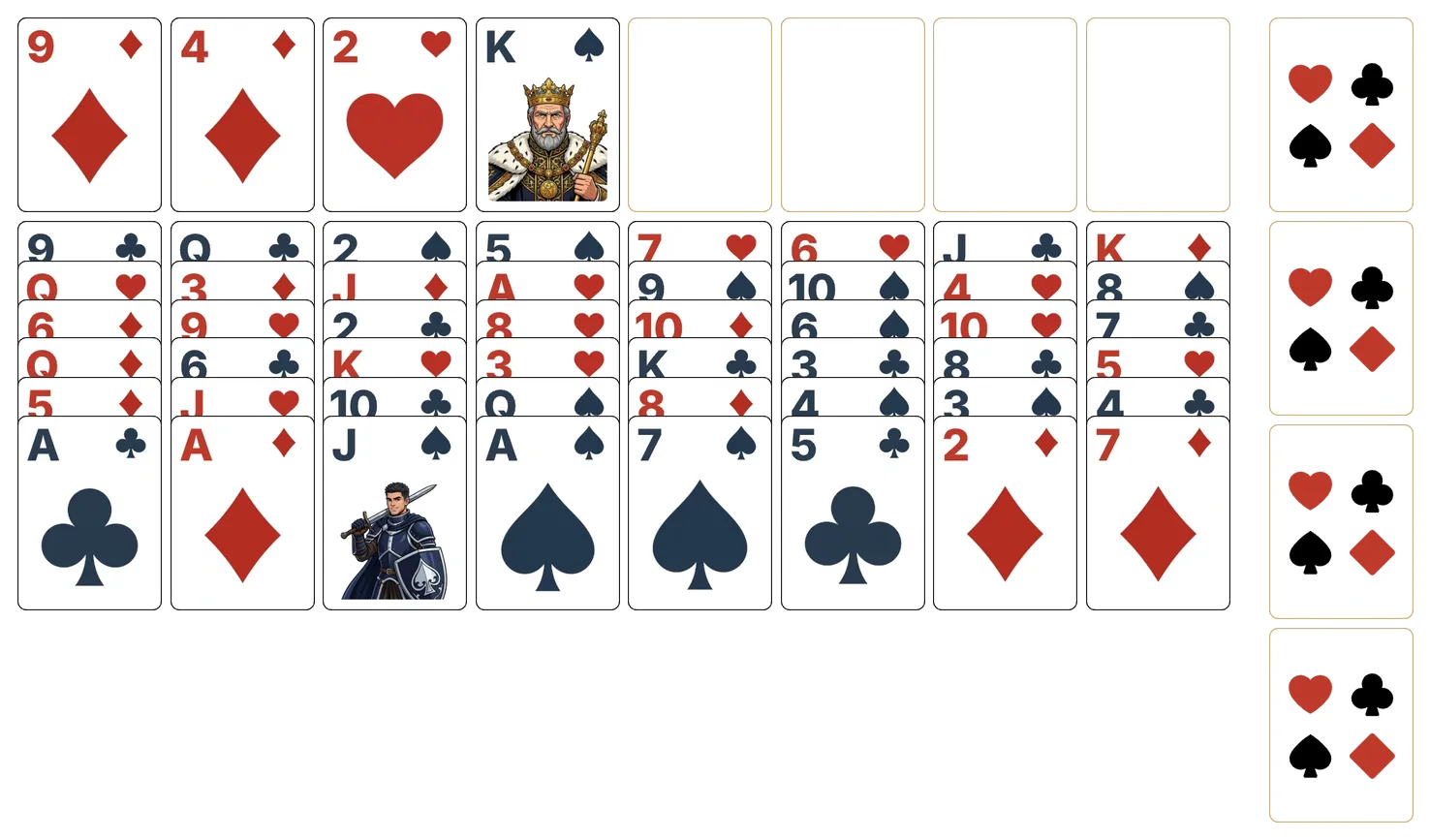 Eight Off (Relaxed) solitaire - opening position of the walkthrough