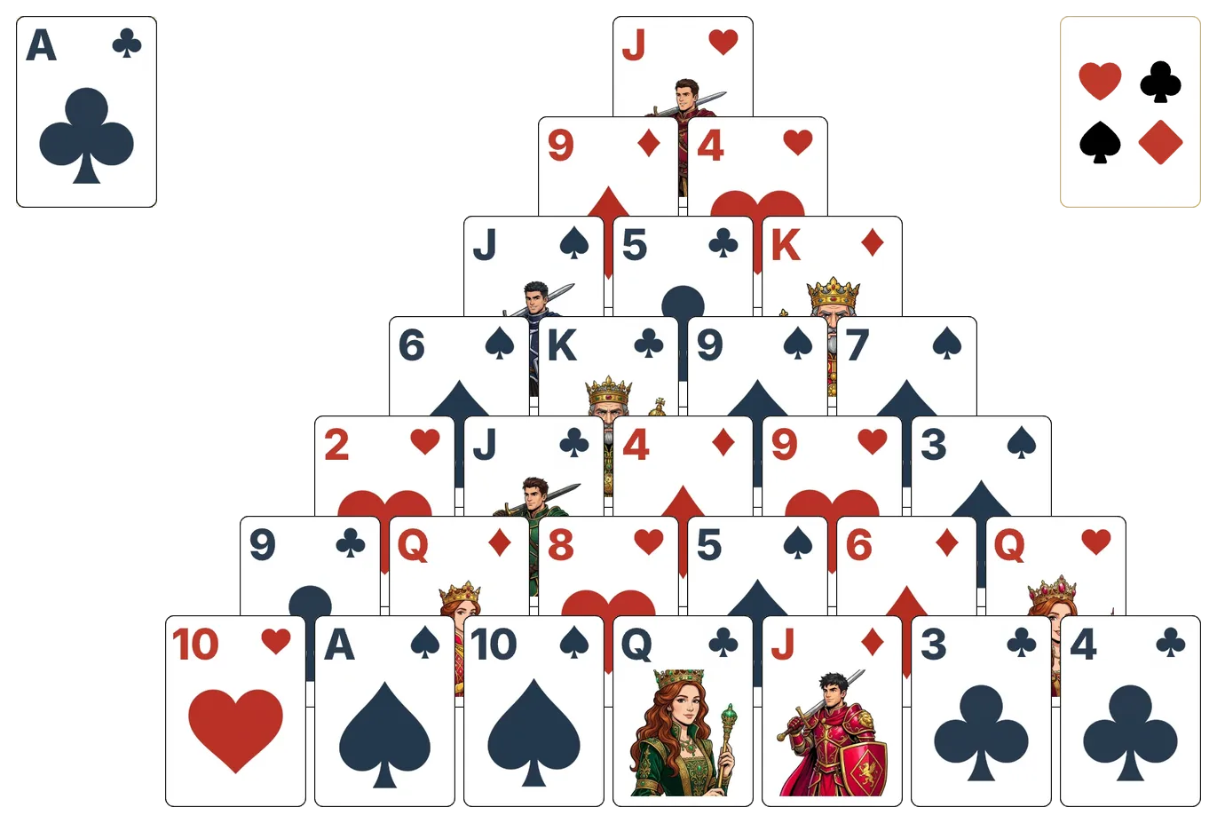 Pyramid (Relaxed) solitaire - opening position of the walkthrough