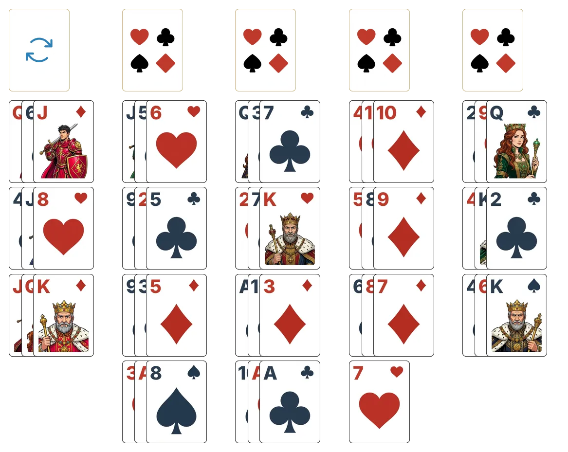 Three Shuffles and a Draw solitaire - opening position of the walkthrough