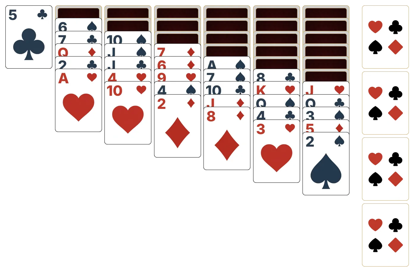 Yukon (Relaxed) solitaire - opening position of the walkthrough